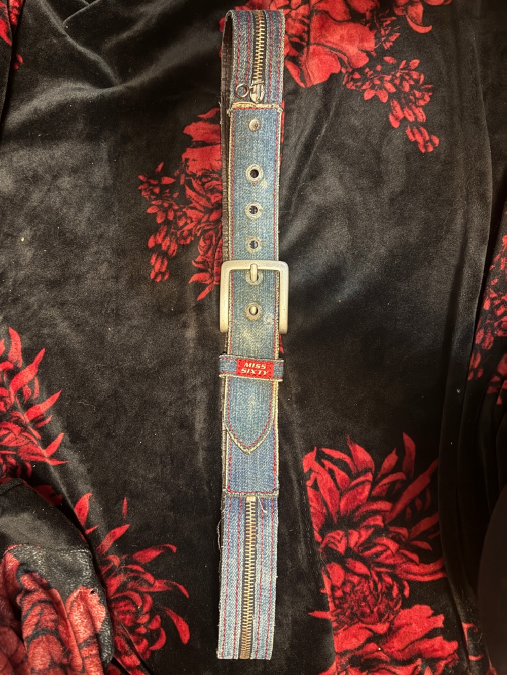 Miss Sixty Blue Denim Belt with Red Accents